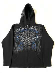 Y2K Skeleton Zipper Hooded 90s Retro Pattern Printed Zipper Top Sweatshirt - màu đen - Xem 7
