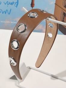 1件装 时尚朋克风棕色仿皮镂空金属发箍，百搭配饰 - 咖啡棕 - 查看 4