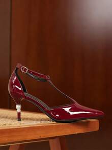 女士独特搭扣镂空高跟尖头优雅性感百搭细高跟鞋 - 酒紅色 - 查看 5
