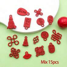 10/15pcs Enamel Chinese Knot New Year Lucky Blessing Tassels Charm Red Alloy Festive Pendant For DIY Jewelry Crafts Accessories Finding