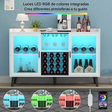 Mueble bar para vinos con luz LED, mueble para café con estante para vinos y copas, aparador de cocina con estantes de almacenamiento, mueble botellero independiente para salón o comedor - Blanco - Ver 5