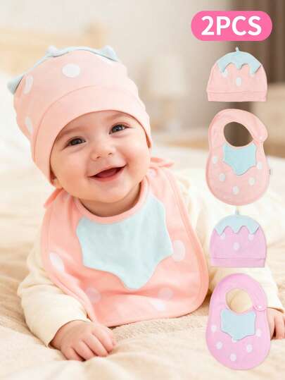 2Pcs Newborn Baby Set (0-3 Months) - Strawberry Print Beanie & Snap Bibs, Cute Polka Dot Daily Baby Accessories