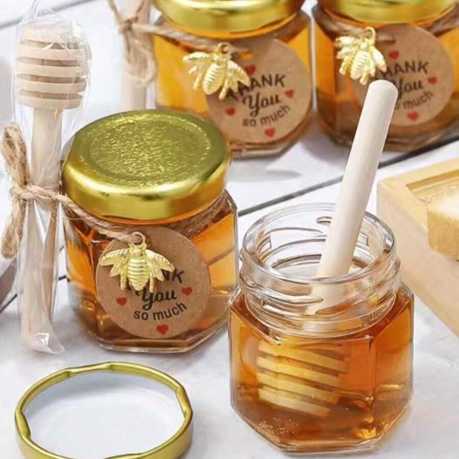 10个1.5盎司迷你六边形玻璃蜂蜜罐，带勺子、蜜蜂吊坠和金色盖子，适合婴儿派对、婚礼、聚会，透明玻璃密封蜂蜜罐、果酱罐 - 透明 - 查看 1