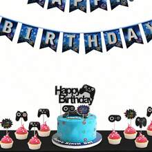 9件套生日快乐蛋糕装饰品，电子游戏主题蛋糕插牌，电子游戏主题装饰，男宝宝生日派对用品，化妆派对，服装派对，情人节，角色扮演派对 - 彩色 - 查看 3