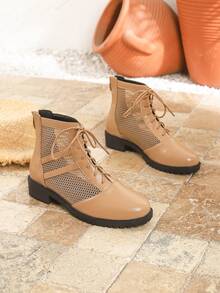 Women's Fashion Mesh Boots, Chunky Heel Apricot Sandals, New Spring/Summer Buckle Closure Back Zipper Bohemian Lace-Up Hollow-Out Four Seasons Sandals, Round Toe Strappy Roman Shoes, Casual Vacation Party Event Comfortable Plus Size Breathable Ankle Boots, Mid-Heel Mesh Shoes - Apricot - View 6