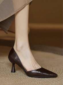 2025新款法式紫色尖头中跟鞋，女士通勤工作鞋，春秋季 - 棕色 - 查看 5