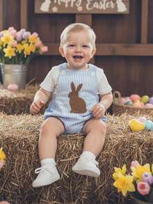 Conjunto de Pascua para bebé niño niña sin mangas con bordado de conejito a rayas con tirantes, mono de una pieza, ropa de verano - Azul - Ver 1