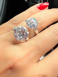 Anel Solitário Prata Virgínia Ajustável Tamanho Regulável Pedra Moissanite 12mm 10mm - Prata - Visão 6
