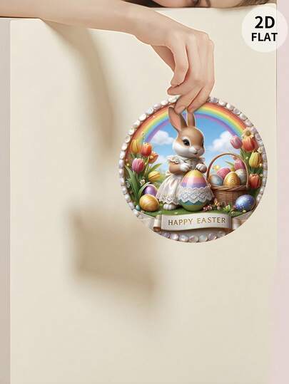 1pc Happy Easter Themed Decorative Hanging Sign, Featuring Anthropomorphic Rabbit, Easter Eggs, Tulips, Rainbow Background, Round Composition, 2D Printed Wooden Plaque. Suitable For Scene Decoration, Restaurant, Bar, Storefront, Cafe