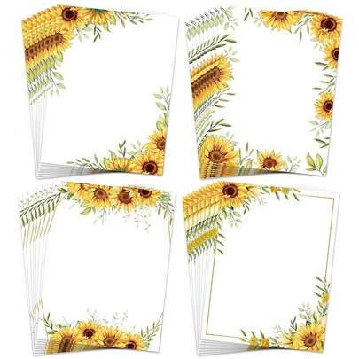 AnyDesign 48 Sheet Sunflower Border Stationery Writing Paper Watercolor Sunflower Letterhead Paper Floral Border Greeting Paper For Wedding Party Invitations Schoolsss Printing, 8.5 X 11 Inch
