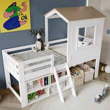 Children's Bed, Mid-Sleeper Bed, House Bed With Roof And Window, Four-Sided Fence, With Small Stairs, Free Storage Space Under The Bed, Pine + MDF + Plywood, White + Natural, 90x200cm - 白色 - 查看 4