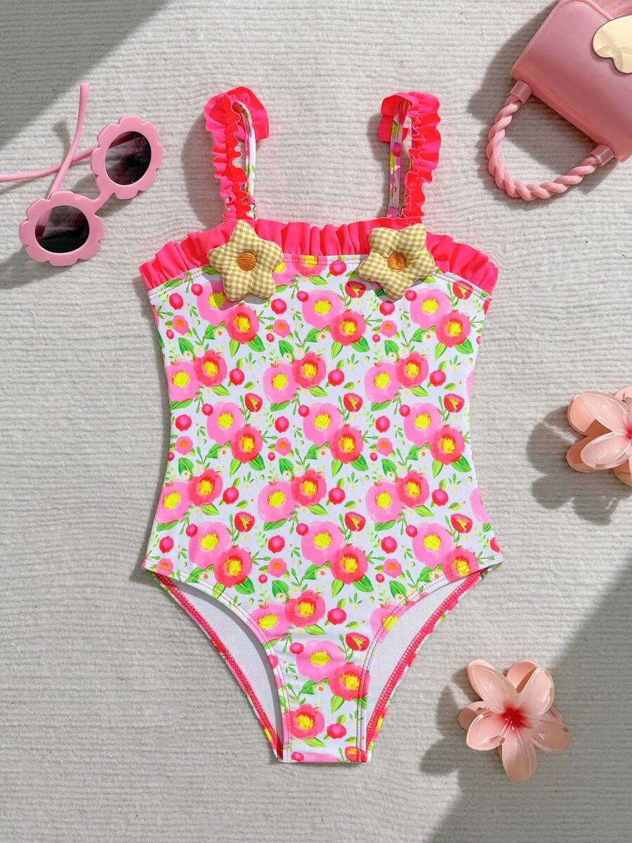 2026 New Children's Beach Party Vacation Yellow Floral Lace One-Piece Swimsuit - Multicolor - View 1