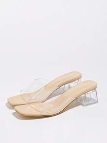 Women's Chunky Heel Mule Sandals, Summer Breathable Slip-On Clogs, Sexy Transparent Casual Versatile Open Toe High Heel Sandals - Apricot - View 4