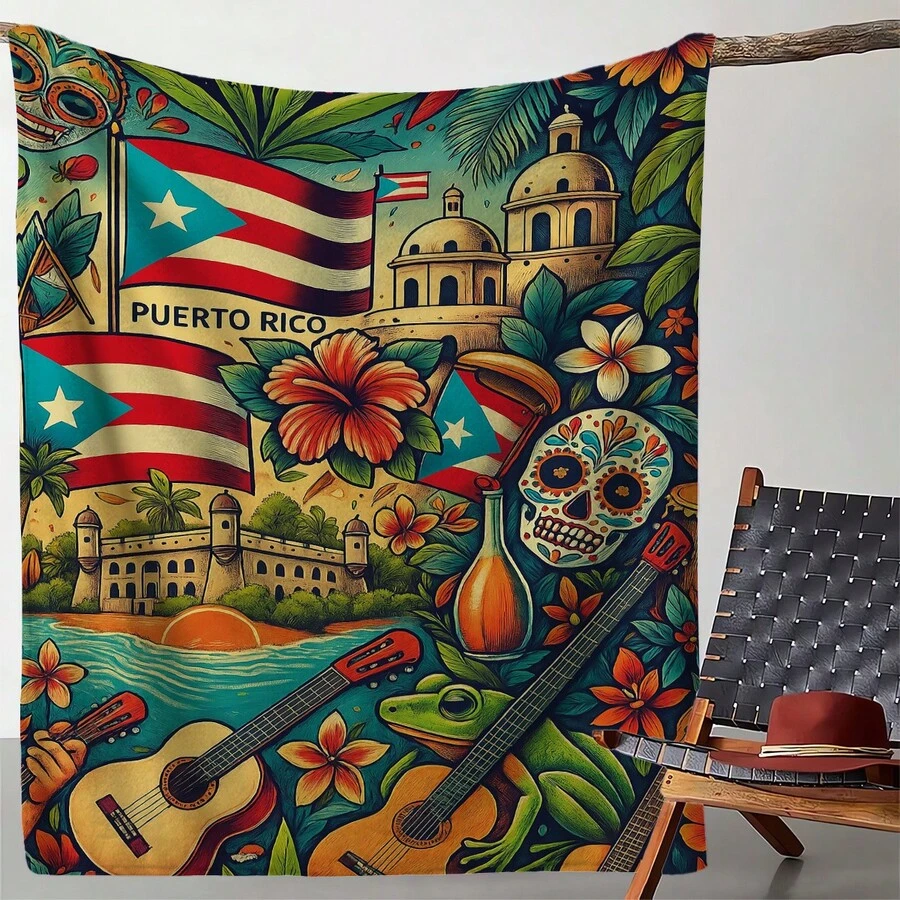 Puerto Rican Themed Flannel Blanket - Vibrant Cultural Prints With Flags, Symbols & Puerto Rico Text - Soft Warm Travel Digital Print,Suitable For All Seasons, Washable And Machine-Washable, Lightweight, Breathable, Comfortable, Warm, Unique, 280gsm For Him And Her, Perfect For Naps, Camping, Travel, Family, Daily Life, Office Decoration, Birthday Anniversaries, Valentine's Day, Thanksgiving, Christmas, Halloween, Mother's Day, Father's Day, Wedding, New Year Gifts Provide Personalized Ideal Gifts For Her, Him, Family Members, Boyfriends, Girlfriends, Fathers, Family Members, Mothers, Lovers, Daughters, Sons, Grandfathers, Grandmothers, Friends, Classmates And Pets. Sofa,Bed,Car,Bedroom,Living Room,Office, Outdoor Camping, Beach,Wall Decoration - 多色13 - 查看 1