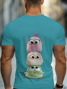 Men's 3D All-Over Print T-Shirt With Cute Stacked Owl Full-Body Design - Breathable Summer Casual Round Neck Tee, Light Blue Short-Sleeve Top For Home, Office & Casual Attire - Fun Gift For Dads & Owl Lovers (Machine Washable) - Nhiều màu - Xem 3