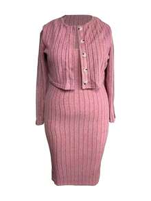 大码女式粉色罗纹针织中长连衣裙和短款开衫套装 - 玫紅色 - 查看 1