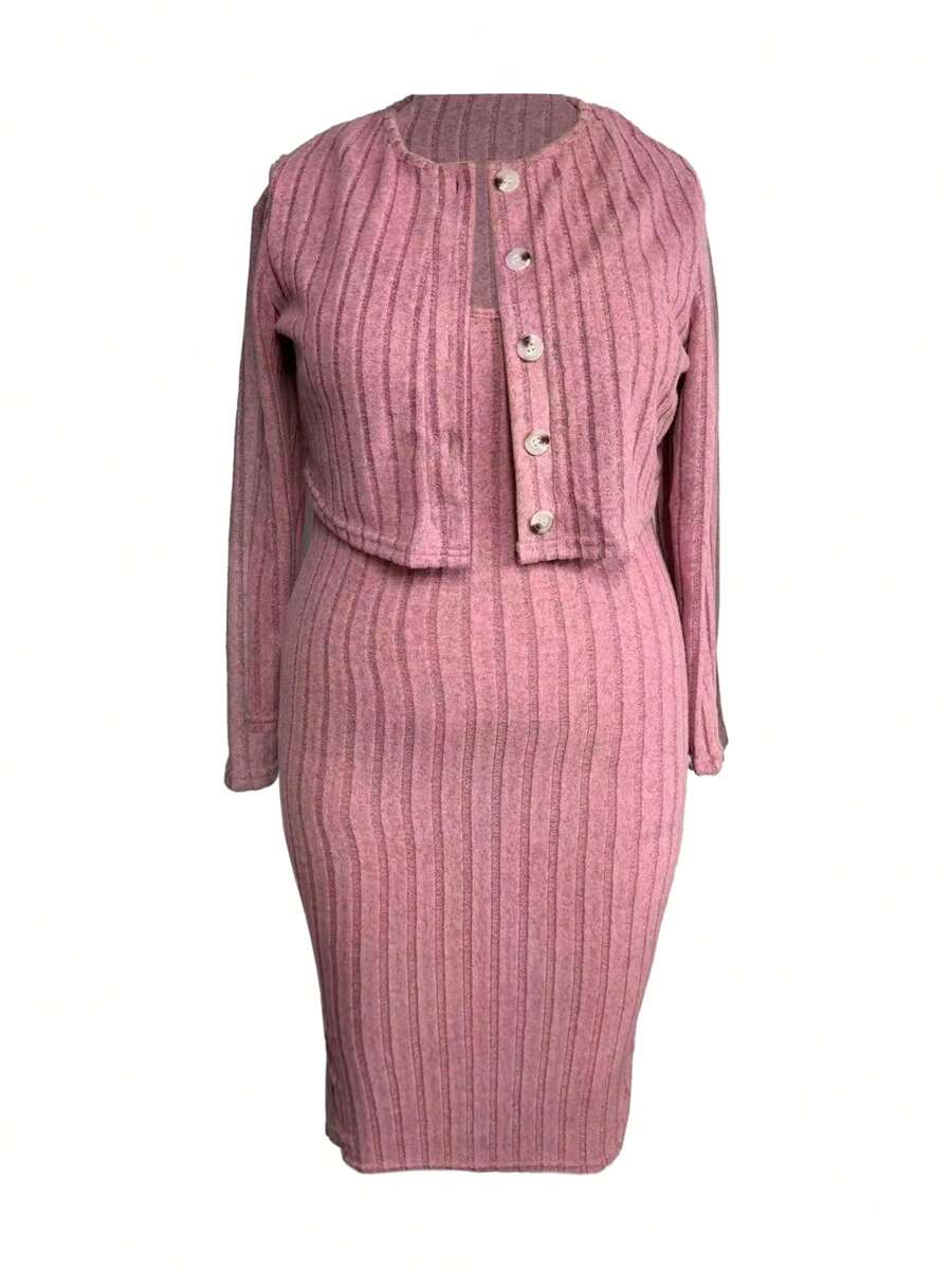 大码女式粉色罗纹针织中长连衣裙和短款开衫套装 - 玫紅色 - 查看 1