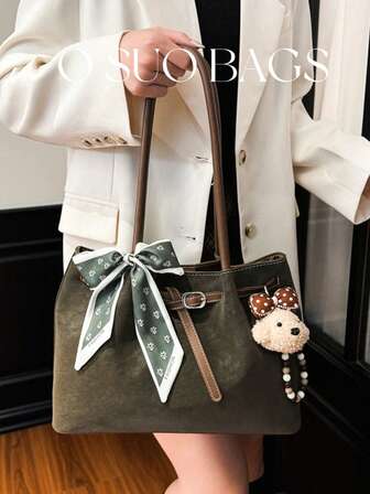 Women's Solid Color Large Capacity PU Leather Shoulder Bag, Retro Fashion Square Bag With Scarf Decor, Dual Handles Design Suitable For Daily And Commuting, Comes With Pendant