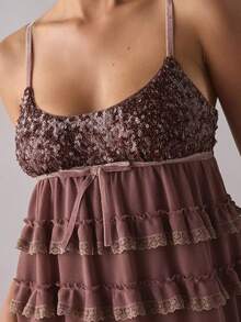 Women's Sequin-Paneled Spaghetti Strap Dress Ruffle Sleeveless Mini Lace-Up Dress Valentine's Day Spring Summer Cute Dresses - nâu sẫm - Xem 4