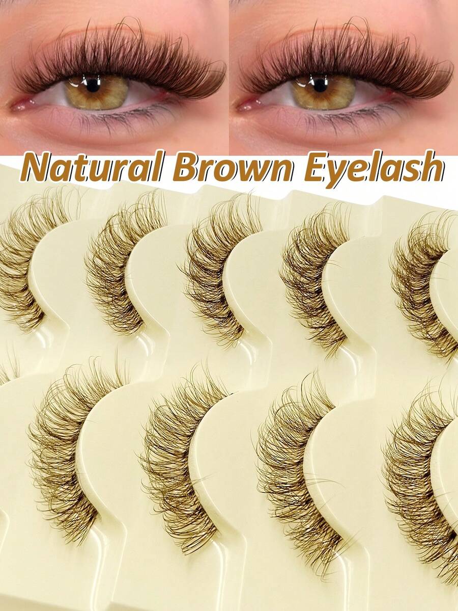 5对Rikuaild透明棕色假睫毛，自然蓬松，可重复使用，适合日常佩戴，睫毛嫁接妆容 - 自然纖長款 - 查看 1