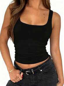 2pcs Women'S Sleeveless Strappy Tank Square Neck Double Layer Workout Fitness Casual Basic Crop Tops, Suitable For Sweet And Cool Styling, Soft And Wrinkle-Resistant - Đen và xanh hải quân - Xem 3