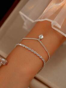 2件套优雅银色扭纹链和基础款链条组合心形吊坠手链套装，适合情人节和母亲节。 - 銀色 - 查看 6