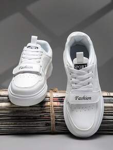 Men's Skateboard Shoes, Round Toe Hook And Loop Casual Shoes, Thick Sole Comfortable Versatile Men's Shoes, Fastener Lace-Up Sneakers - White - View 5
