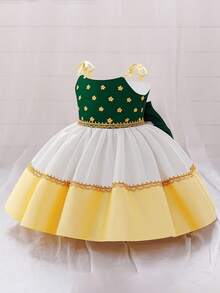 Baby Girls' Sleeveless Contrast Color Floral Print Satin Bow Back Cute Princess Dress, Suitable For Birthday Party, Outing, Does Not Include Headband - Multicolor - View 6