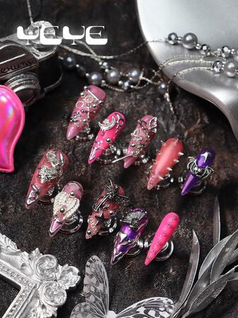 10pcs Y2K Pink Nail Stickers Set, Handmade Nails, Metallic Powder, Purple, Grunge Style, Includes Butterfly, Heart, Lock, Rivet, Angel Wings, Beans, Fans, Stars 3D Decorative Elements, Metal Elements, Chains, Bats, Rock Designs, Heavy Metal Nails, European And American Style, Fashionable Full Coverage Acrylic Nail Sticker Set, Suitable For Women And Girls