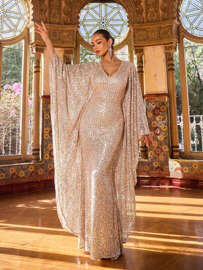 Faeriesty Elegante lange feestjurk voor dames met V-hals, losse pasvorm en vleermuismouwen - Glanzende paillettenstof, getailleerd silhouet | Geschikt voor feestjes, oudejaarsavond, formele diners, Valentijnsdag en andere gelegenheden