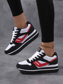女士复古撞色简约圆头系带增高休闲运动鞋，透气学生平底舒适百搭运动鞋 - 黑與白 - 查看 2