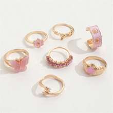 7Pcs/Set Pink Y2K Butterfly Flower Rings - Cute Enamel Chunky Statement Rings For Women Daily Party Stackable Jewelry - 粉紅色戒指6618 - 查看 3