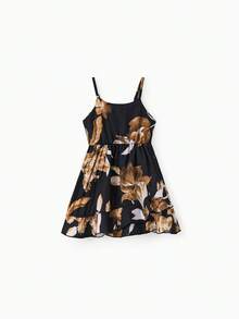 Family Matching Sets Black Floral Shirt Or V Neck Irregular Hem Ruffle Trim Strap Dress With Hidden Snap - 黑色 - 查看 5