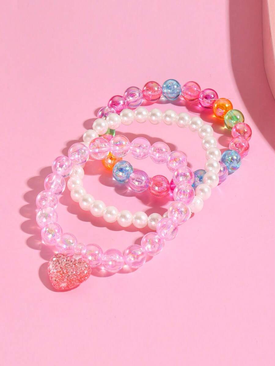 3pcs/Set Girls Sweet Heart Pendant Pearl Bracelet Set, Adorable Beaded Bracelet, Suitable For Daily Wear, Festivals, Valentine's Day Gift, Girls Accessories