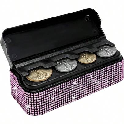 Bling Coin Holder Car, Coin Change Storage Box With 4 Compartment, Universal Portable Money Organizer Dispenser For Most SUVs Trucks (Pink)