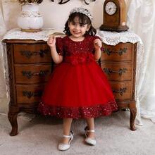 Pink Kids Clothes 2116 Big Bow 3D Flower Girls Frock Tulle Sequins Ball Gown Pageant Children Elegant Princess Prom Host Formal Evening Party Cocktail Dress 0-4Y - 紅色 - 查看 11