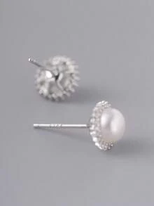 1对女士S925纯银天然珍珠镶嵌钻石耳钉，简约奢华优雅个性化耳环，适合日常佩戴，情人节礼物 - #1 - 查看 2