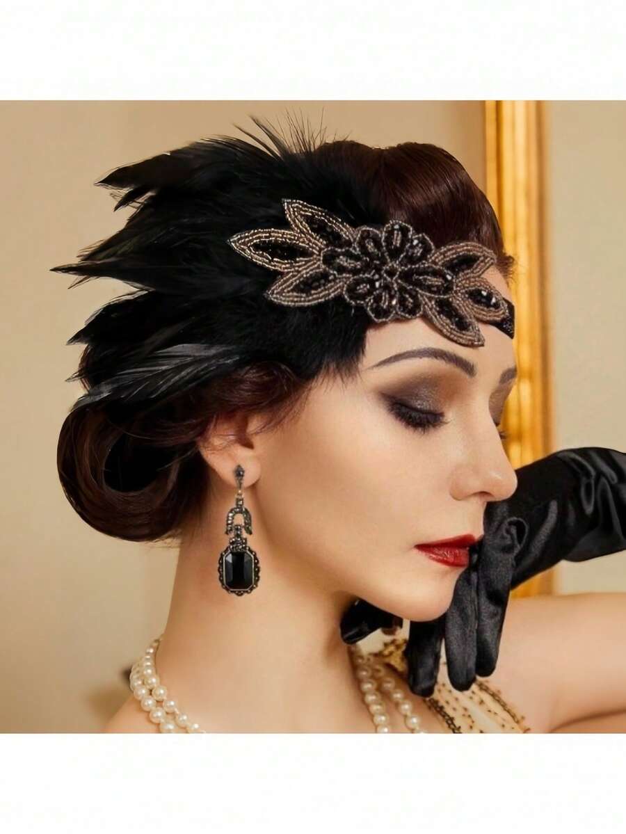 1920s Vintage Feather Headband, 1920s Flapper Sequin Headpiece, Women's Party Hair Accessories, Sweatband Headband, Autumn/Winter Holiday Headband, Women's Elegant Scarf, Women's Headscarf, Soft Headband, Wedding Accessories Party Hair Band Wedding Head Scarf - Black - View 1