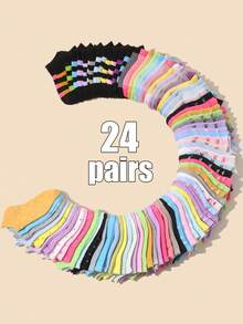 24双装女童夏季休闲日常短袜，图案多样，包括爱心、条纹、蝴蝶结和纯色，简约百搭，低帮设计，舒适透气柔软，适合返校、玩耍和运动。 - 彩色 - 查看 7
