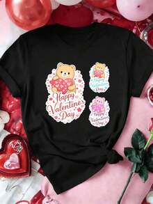 Women's T-Shirt With Cute Valentine's Day Bear Graphic, Spring, Premium Cotton, Round Neck, Loose Fit, Comfortable, Street Hip-Hop - Black - View 2