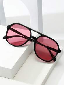 1pc Unisex Double Bridge Large Frame High Quality Minimalist Fashion Glasses, Suitable For Travel, Vacation, Casual, Party, And Daily Wear - Black Frame Red Film - View 4