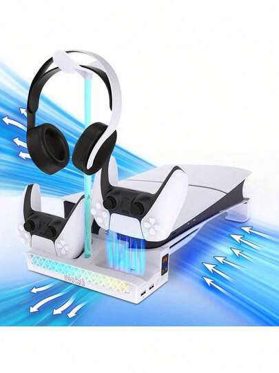 Horizontal Cooling Stand For P/S5 Slim/Pro - RGB Lighting, Built-In Fan Cooling System, Disc & Digital Edition Compatible With Headphone Mount & Sleek White Design, Gaming Accessory | Modern Gaming Gear | Highquality Build