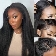 4B&4C 蓬松卷曲边缘隐形绑带蓬松直发 250 密度 13x6 深分缝高清透明蕾丝前额假发 真人发 即戴即用 无胶抽绳巴西柔软蓬松直发假发 女士专用 预先拔毛 带有卷曲婴儿发，如同您自己的头发 - Natural Black - 查看 6