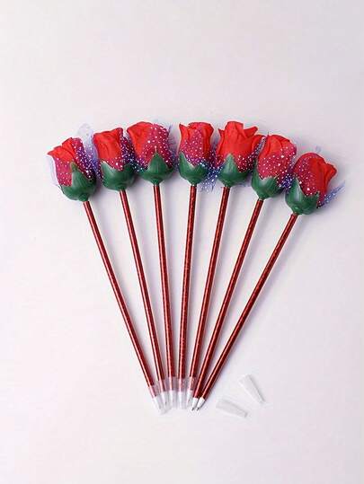 7 st kulspetspennor med blommor, konstgjorda rospennor, kulspetspennor med röda rosor, rospennor till alla hjärtans dag, present till mors födelsedag, kontorsmaterial, presenter att utbyta priser i klassrummet