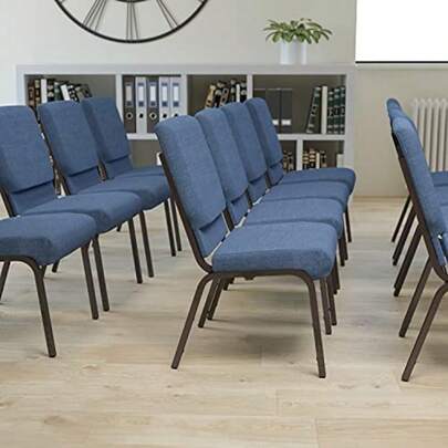 Series 18.5''W Stacking Church Chair In Blue Fabric - Gold Vein Frame