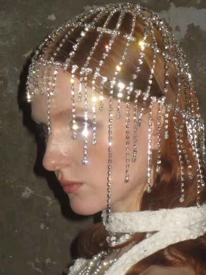 水钻流苏帽头饰，水晶盖茨比艺术装饰派对发饰，镶嵌流苏舞台走秀头饰