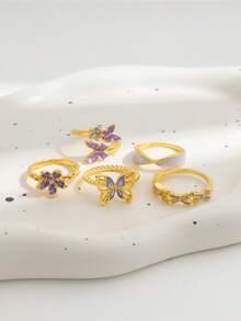 5件套珐琅滴釉紫色花朵蝴蝶戒指，紫色滴油蝴蝶五瓣花戒指套装（女士款） - 金色 - 查看 5