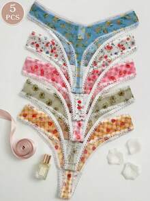 5pcs/Pack Women's Breathable Mesh Bowknot Sexy Low Waist Thong Panties With Fruit Print Design - Multicolor - View 2