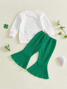 Toddler Baby Girl St Patricks Day Outfit Shamrock Long Sleeve Letter Print Sweatshirt Flare Pant Sets Little Kids Irish Clothes - 白色 - 查看 3