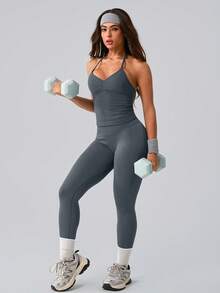 NcmRyu 1 Set Women's Fashion Elastic Halter Neck Tank Top And Pants Sportswear Set - Grey - View 5